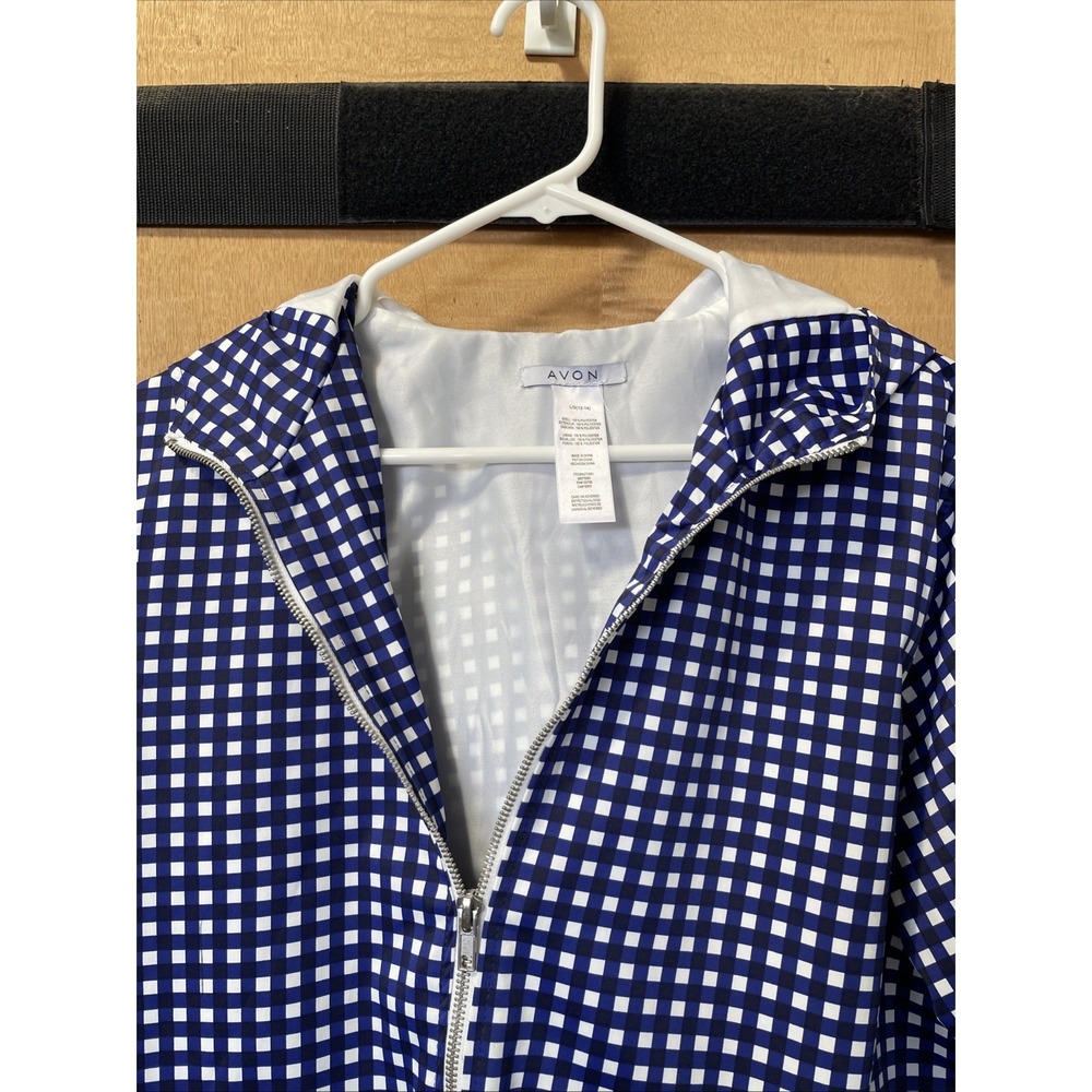 Windbreaker L 12-14Jacket Womens Zip Front Hood Pockets Avon Blue White Gingham